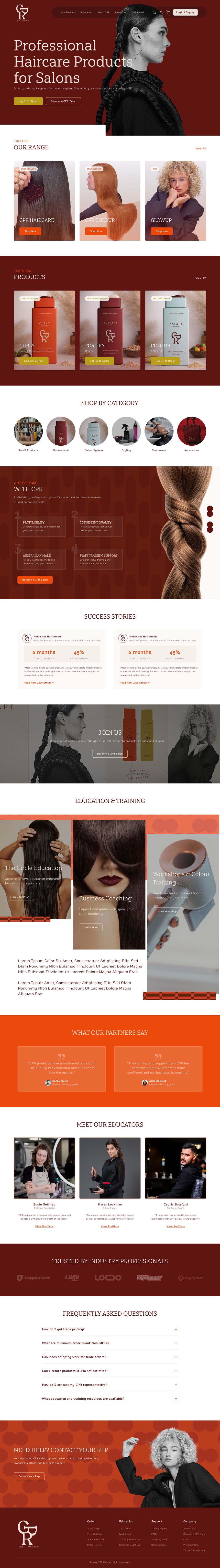 Long-scroll landing page design for CPR professional haircare products featuring a deep red and neutral color palette, bold editorial typography, product category sections, individual product showcases, education and training modules, testimonials, educator profiles, FAQs, and a structured footer, part of the Draftss portfolio for landing page design.