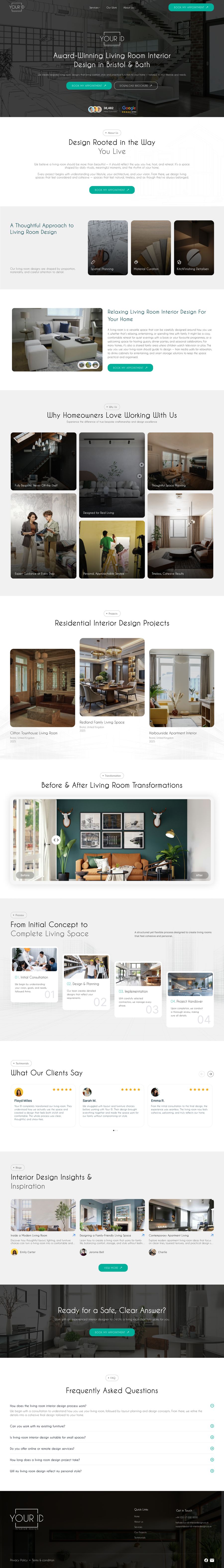 Long-scroll landing page design for Your ID interior design studio featuring a modern living room hero section, service overview blocks, project galleries, before-and-after comparisons, step-by-step design process, client testimonials, FAQs, and consultation callouts arranged in a clean, neutral layout, part of the Draftss portfolio for landing page design.