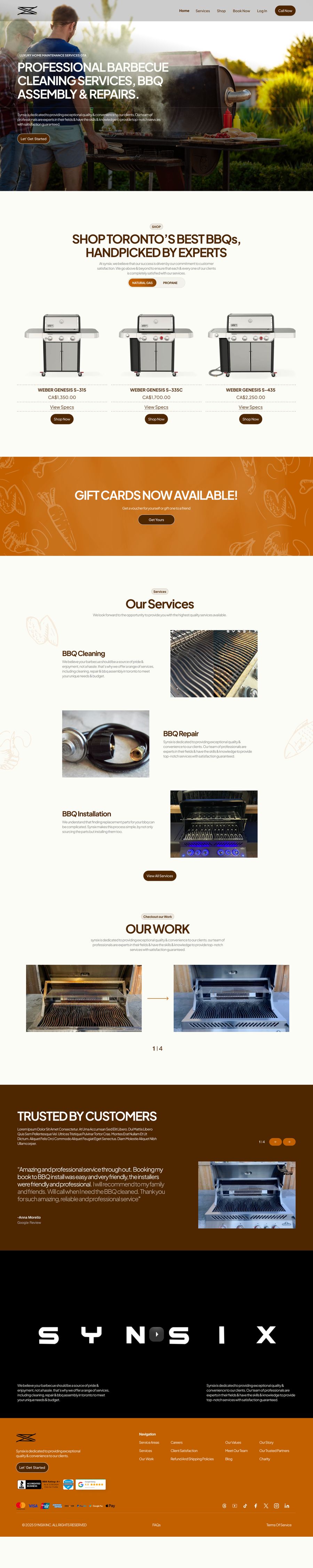 Long-scroll landing page design for Synsix barbecue services featuring a hero section with outdoor grill imagery, service listings for BBQ cleaning, repair, and installation, product showcases, before-and-after grill visuals, customer testimonials, gift card promotion, and a dark-toned footer layout, part of the Draftss portfolio for landing page design.