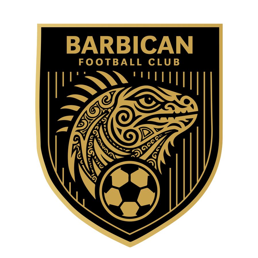 Shield-style logo for Barbican FC football club featuring a gold iguana head illustration with detailed line patterns and a football icon at the base, set inside a black and gold crest, part of the Draftss portfolio for logo design.
