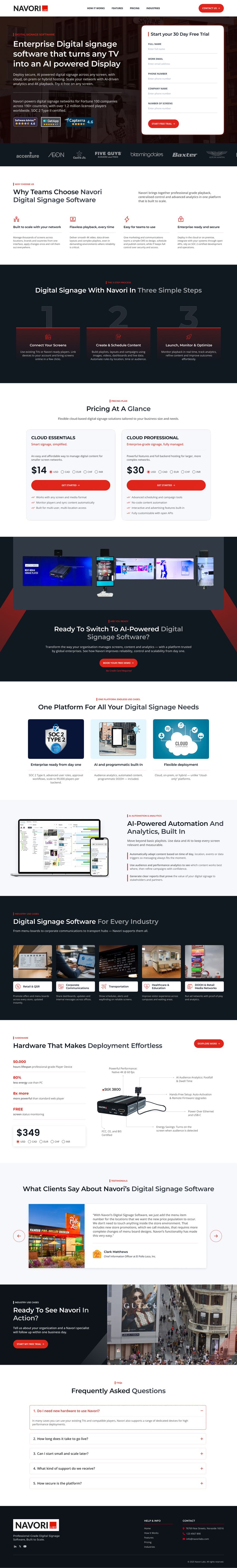 PPC-focused landing page design for Navori Labs featuring a dark enterprise-style hero section, AI-powered digital signage software overview, step-by-step platform workflow, pricing cards, product and hardware visuals, industry use cases, analytics dashboards, testimonials, FAQs, and conversion-oriented callouts, part of the Draftss portfolio for landing page design.