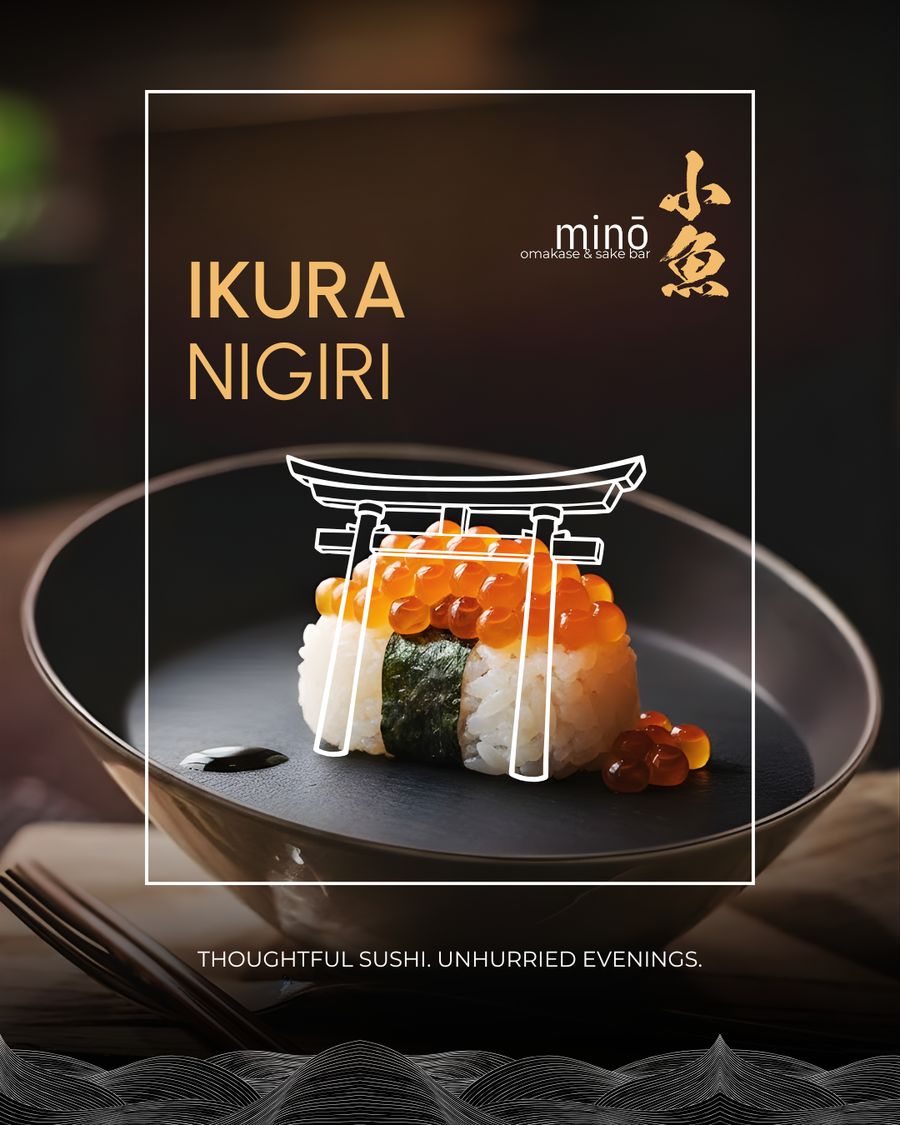 Social media menu highlight graphic for Mino omakase & sake bar featuring a close-up of ikura nigiri on a dark ceramic plate, topped with salmon roe and overlaid with a minimalist torii gate line illustration, warm low-light food photography, and restrained gold typography, part of the Draftss portfolio for social media graphic design.