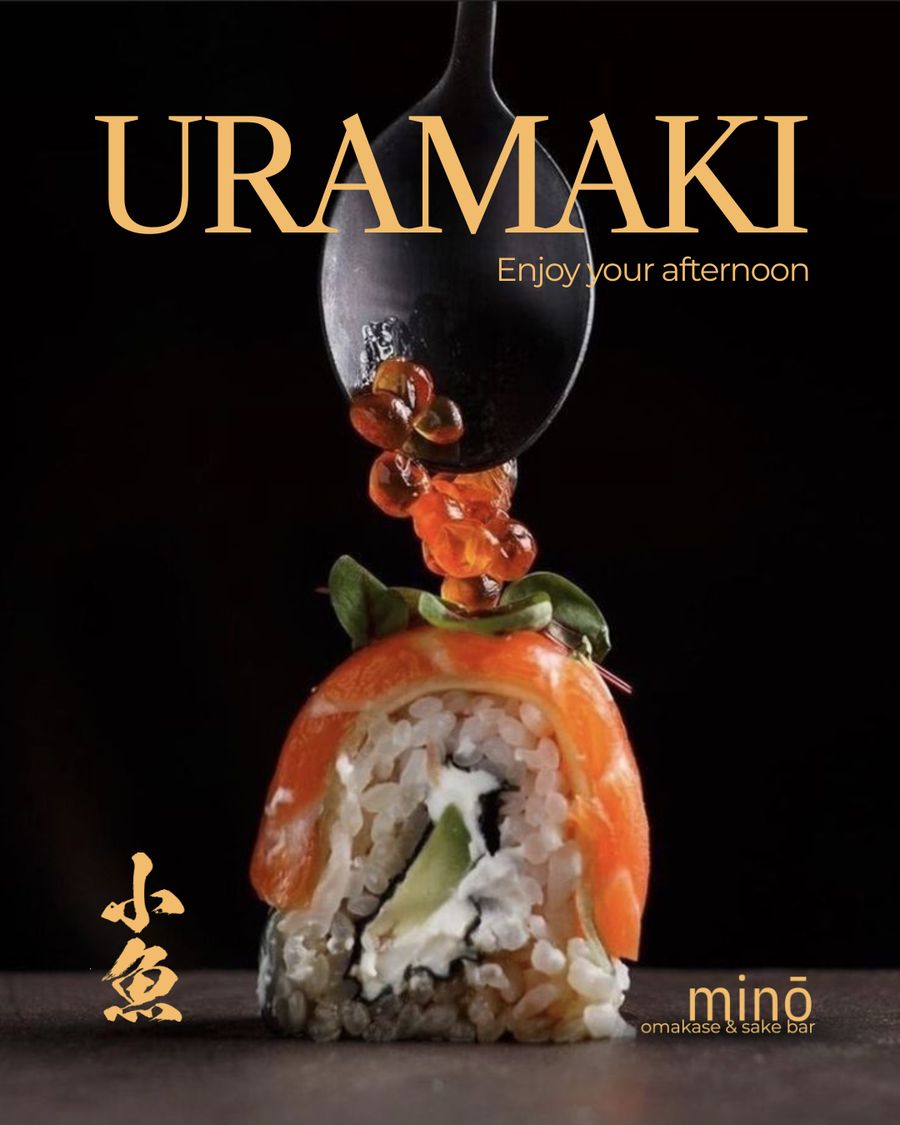 Social media menu feature graphic for Mino omakase & sake bar showing a close-up uramaki sushi roll on a dark surface, topped with salmon, microgreens, and glossy salmon roe being placed with a spoon, set against a black background with gold headline typography, part of the Draftss portfolio for social media graphic design.