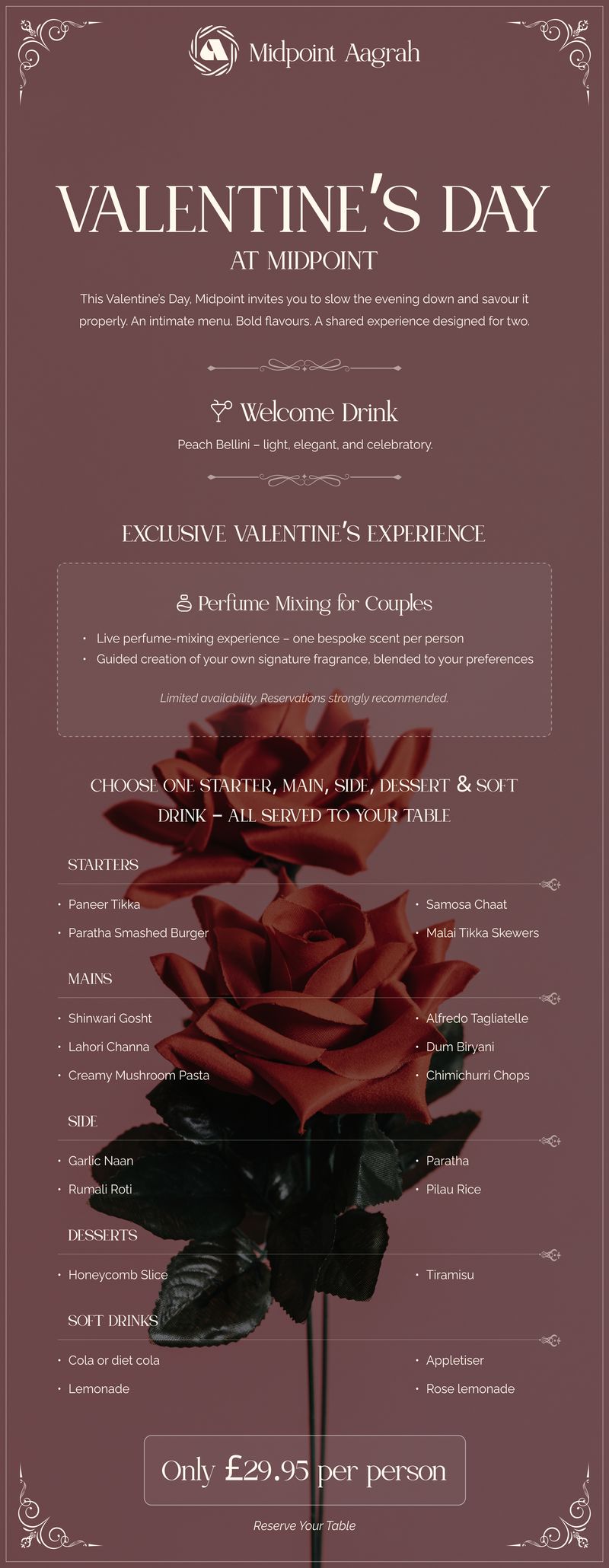 Valentines Day restaurant event emailer with curated menu and reservation CTA, part of the Draftss portfolio for email design