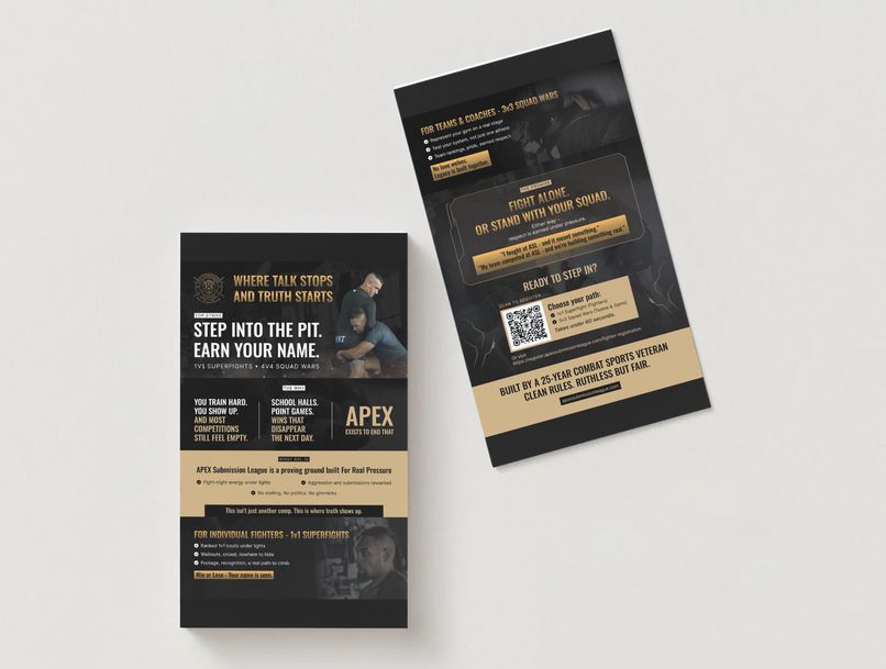 APEX Submission League promotional flyer for fighters and coaches with QR code and bold typography, part of the Draftss portfolio for flyer design