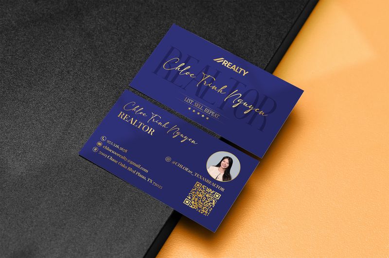 Luxury real estate business card with deep blue and gold branding, QR code, and elegant typography, part of the Draftss portfolio for branding design