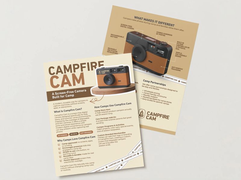 Campfire Cam product handout flyer for trade show promotion with feature breakdown, part of the Draftss portfolio for flyer design