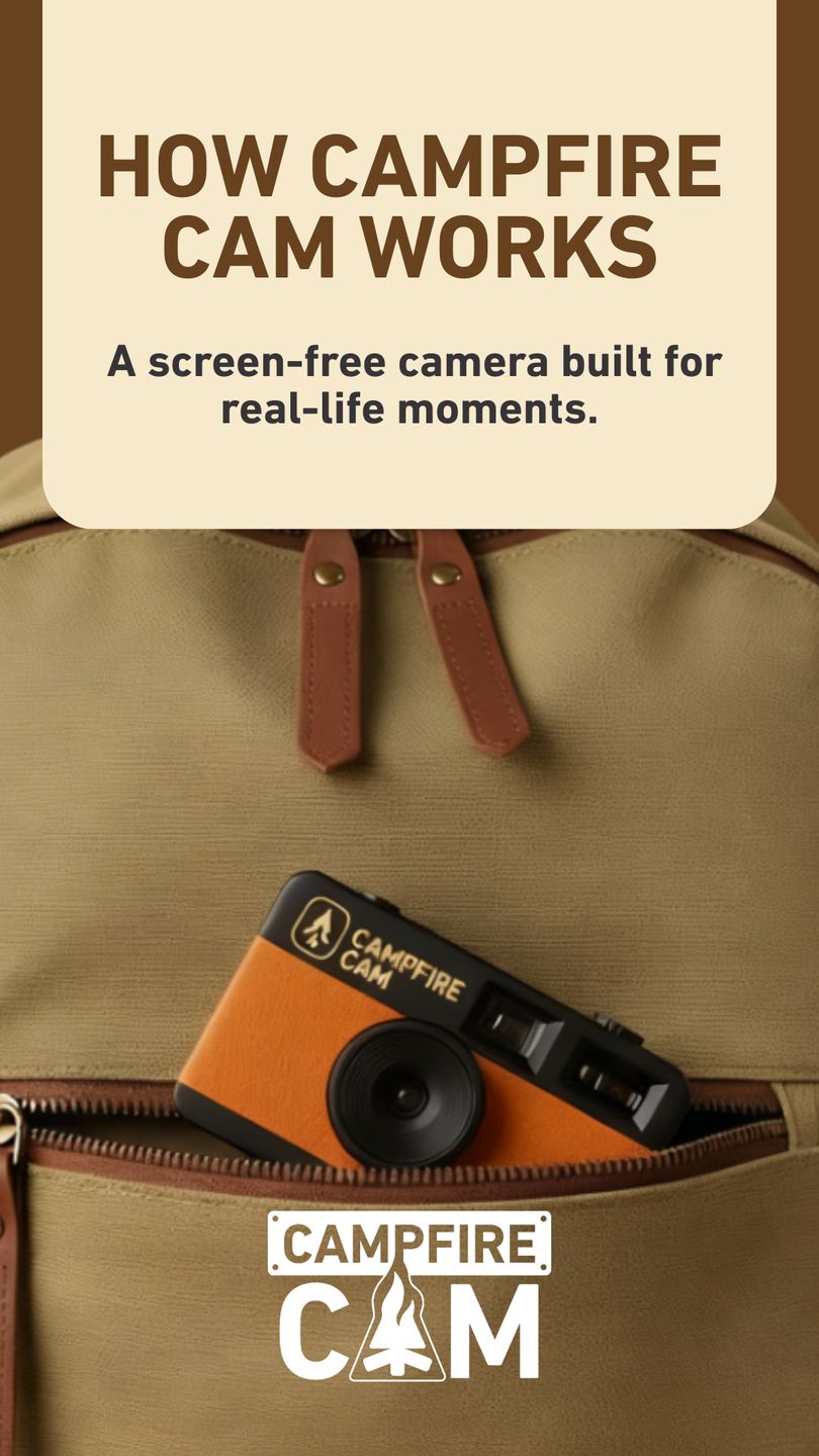 Campfire Cam Instagram story explaining how the screen free camera works, part of the Draftss portfolio for social media design