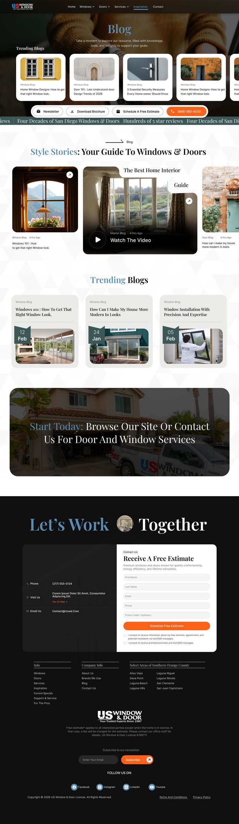 Blog page design for US Window and Door featuring window and door guides, trending articles, and service consultation form, part of the Draftss portfolio for website design