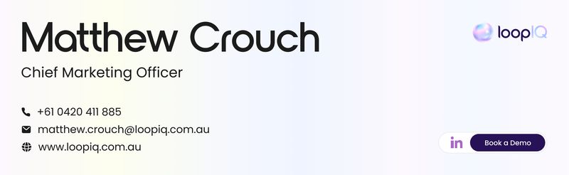 Professional email signature design for LoopIQ featuring contact details and LinkedIn demo CTA, part of the Draftss portfolio for email signature design