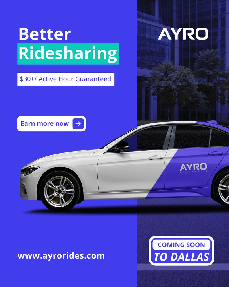 Google ads creative promoting AYRO ridesharing service with driver earnings guarantee and Dallas launch announcement, part of the Draftss portfolio for social media ad design