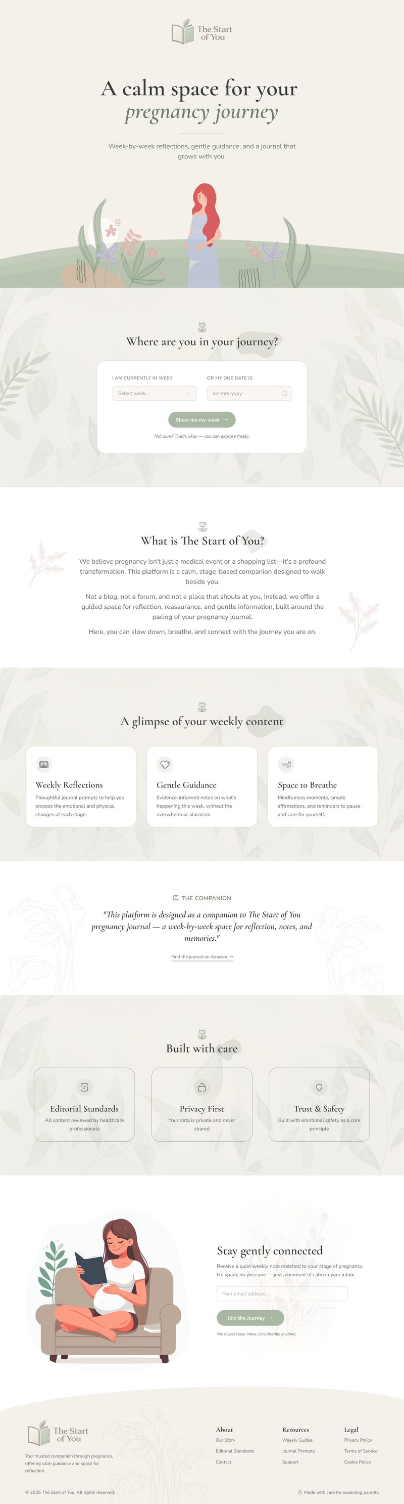 Homepage design for Start of You pregnancy companion journal platform with weekly reflections and guidance sections, part of the Draftss portfolio for website design