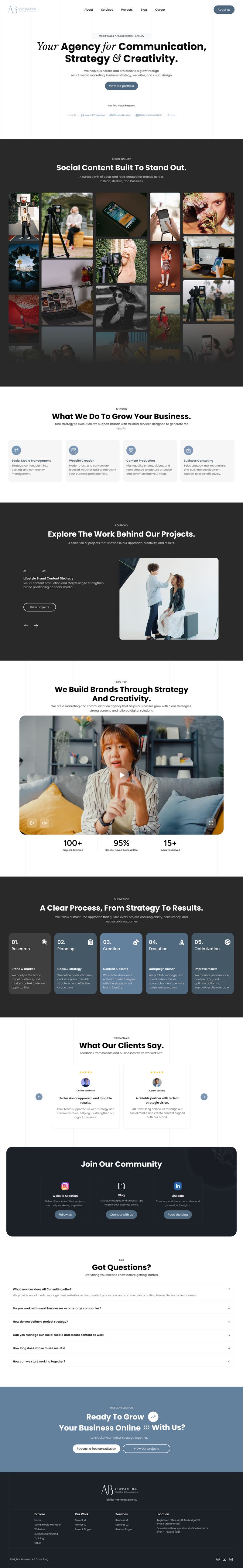 Homepage design for AB Consulting agency website showcasing communication strategy services, portfolio work, and client testimonials, part of the Draftss portfolio for website design