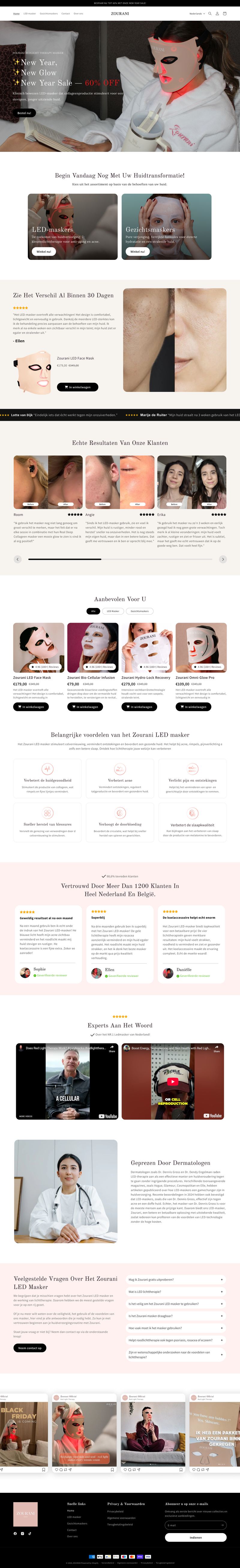 Shopify ecommerce landing page design for Zourani LED skincare masks featuring product showcase, customer reviews, and dermatologist endorsements, part of the Draftss portfolio for ecommerce website design