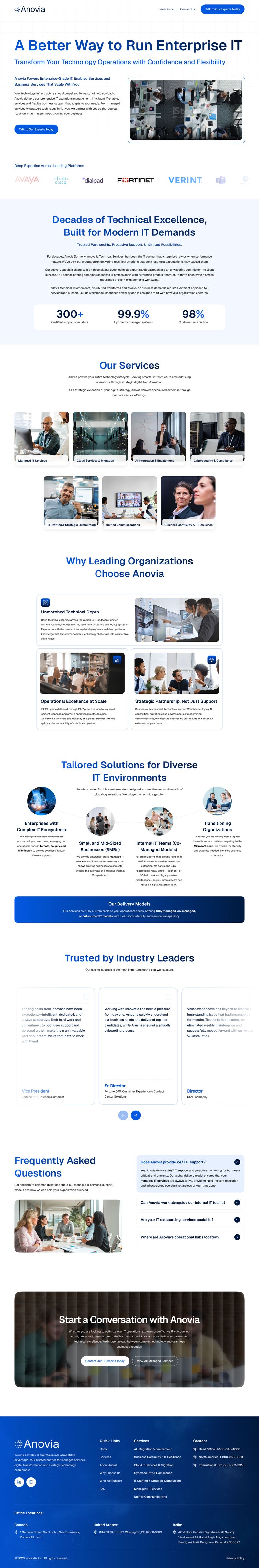 IT services landing page design for Anovia showcasing technology consulting, managed IT services, and infrastructure solutions, part of the Draftss portfolio for website design