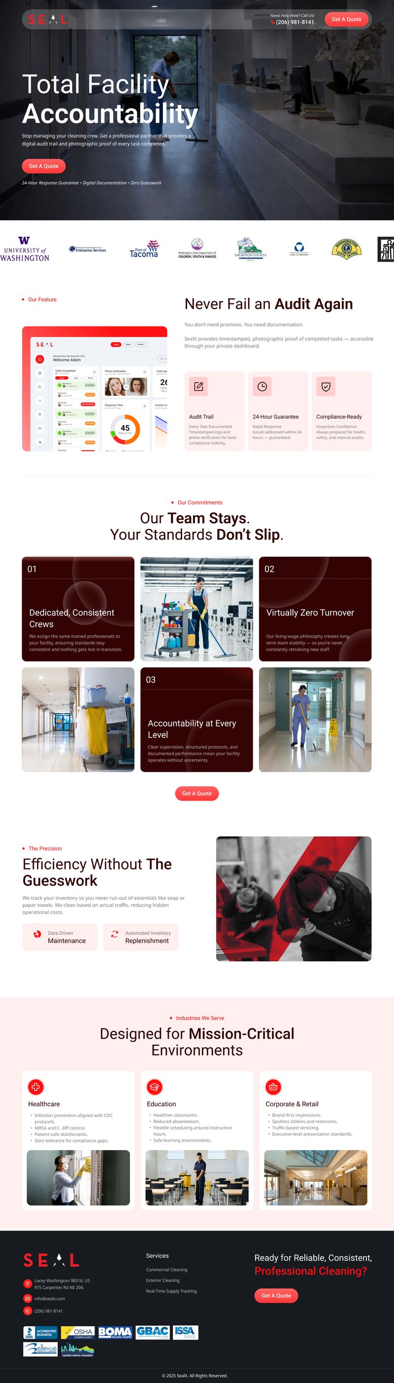 Facility management and commercial cleaning services landing page design for Sealx showcasing audit tracking, compliance features, and service offerings, part of the Draftss portfolio for website design