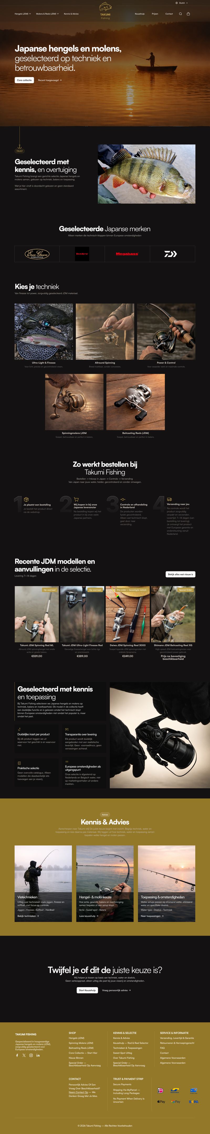 Shopify ecommerce landing page design for Takumi Fishing showcasing Japanese fishing rods, reels, product collections, and buying guides, part of the Draftss portfolio for ecommerce website design