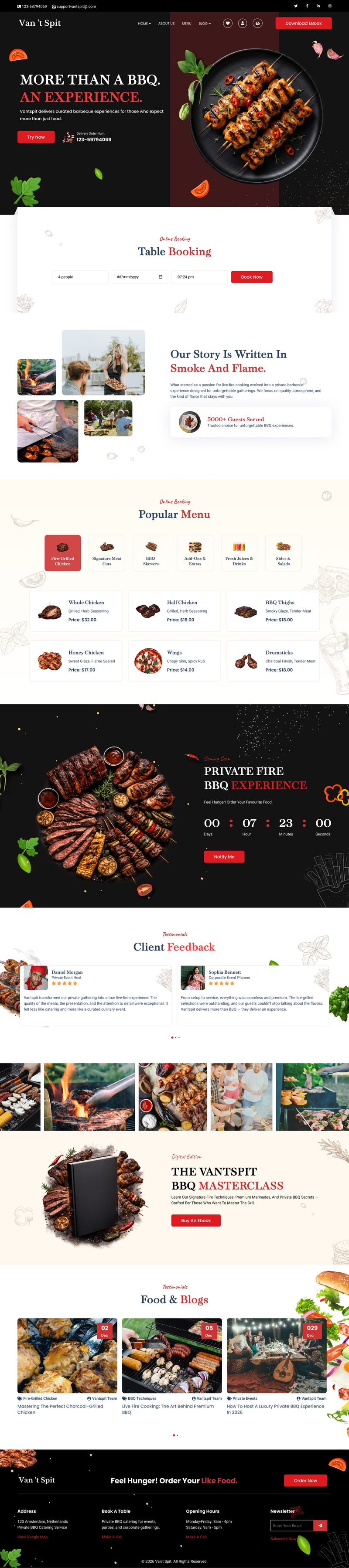 BBQ restaurant landing page design for Van’t Spit featuring table booking, menu highlights, private BBQ experiences, and customer reviews, part of the Draftss portfolio for website design