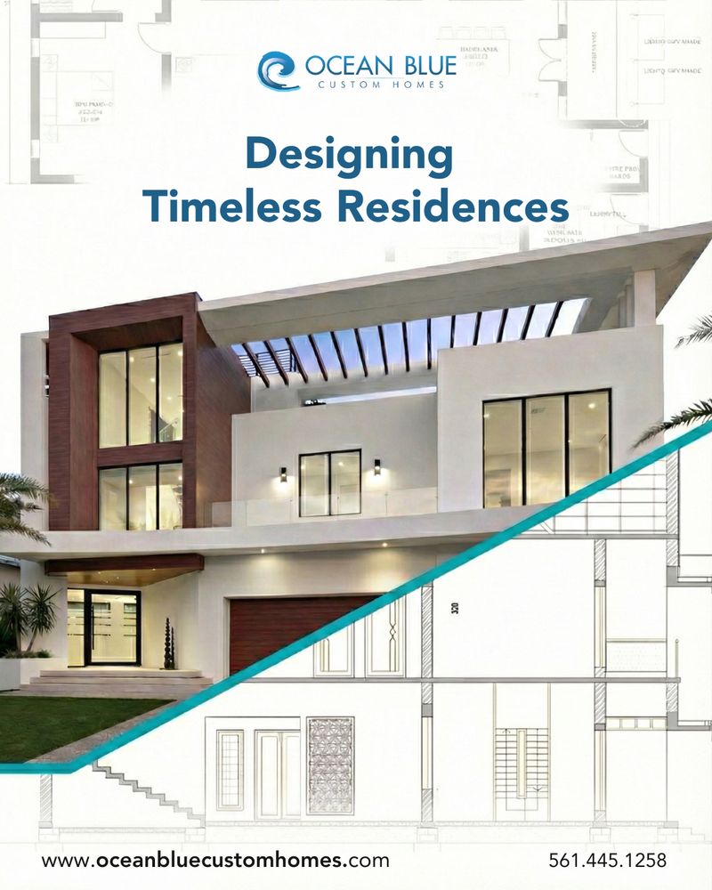 Social media graphic promoting Ocean Blue Custom Homes showcasing modern residential architecture and blueprint layout, part of the Draftss portfolio for social media design