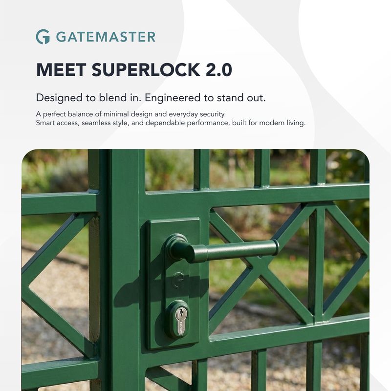 Social media graphic showcasing Gatemaster Superlock 2.0 green gate lock designed for modern fencing systems, part of the Draftss portfolio for social media design