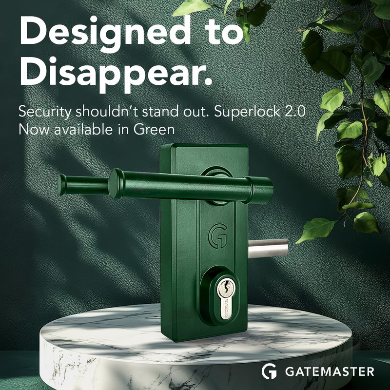 Social media graphic announcing Gatemaster Superlock 2.0 green lock variant designed for modern gate security, part of the Draftss portfolio for social media design