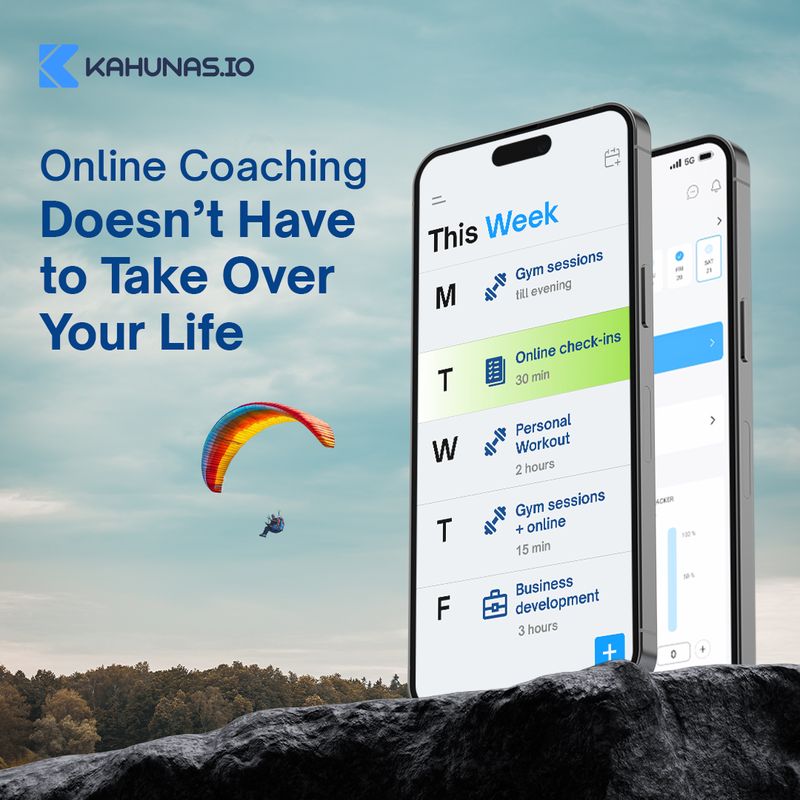 Social media graphic promoting Kahunas coaching app helping fitness trainers manage online coaching and scheduling, part of the Draftss portfolio for social media design