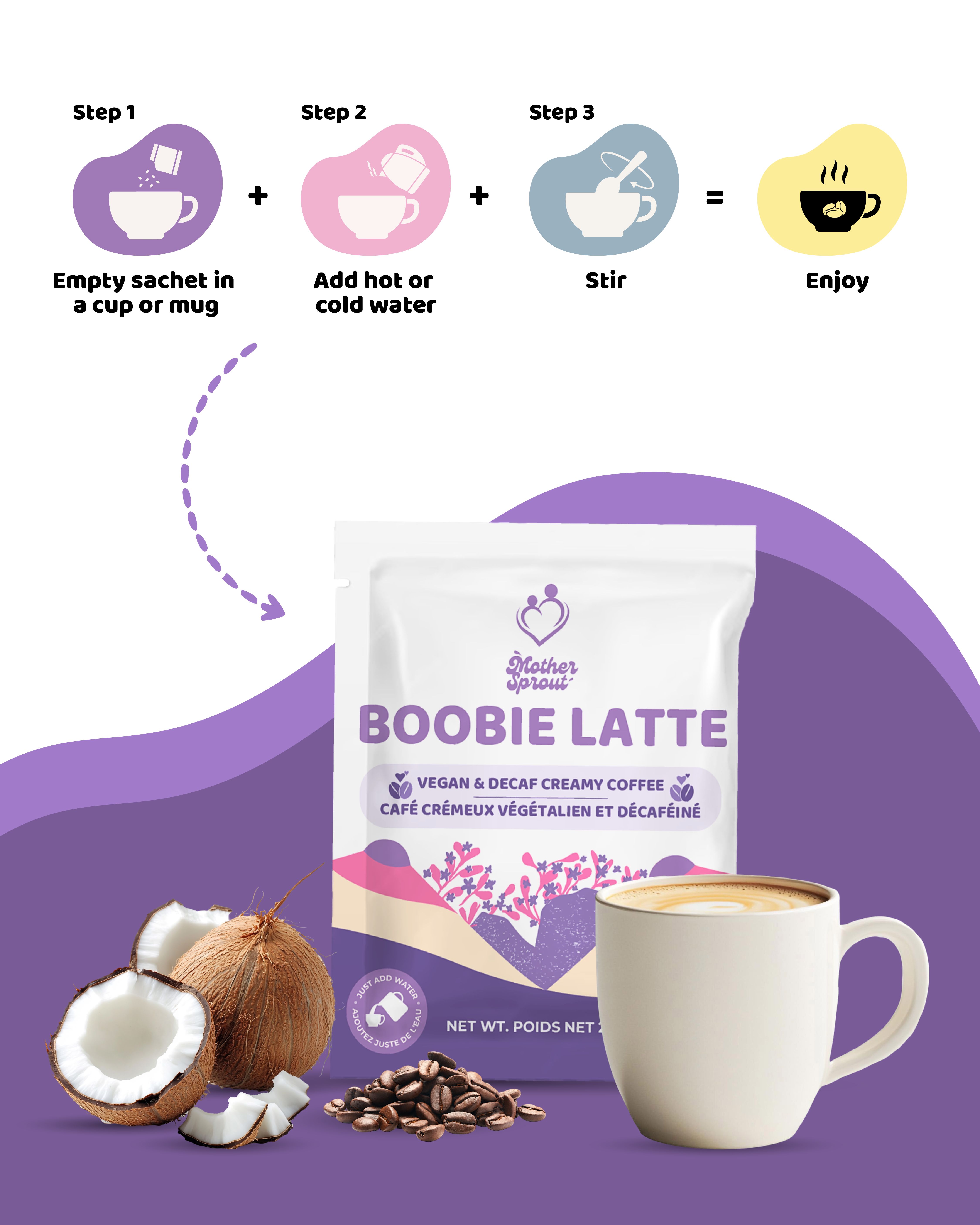 Social media graphic showing how to prepare Mother Sprout Boobie Latte vegan decaf creamy coffee mix, part of the Draftss portfolio for social media design