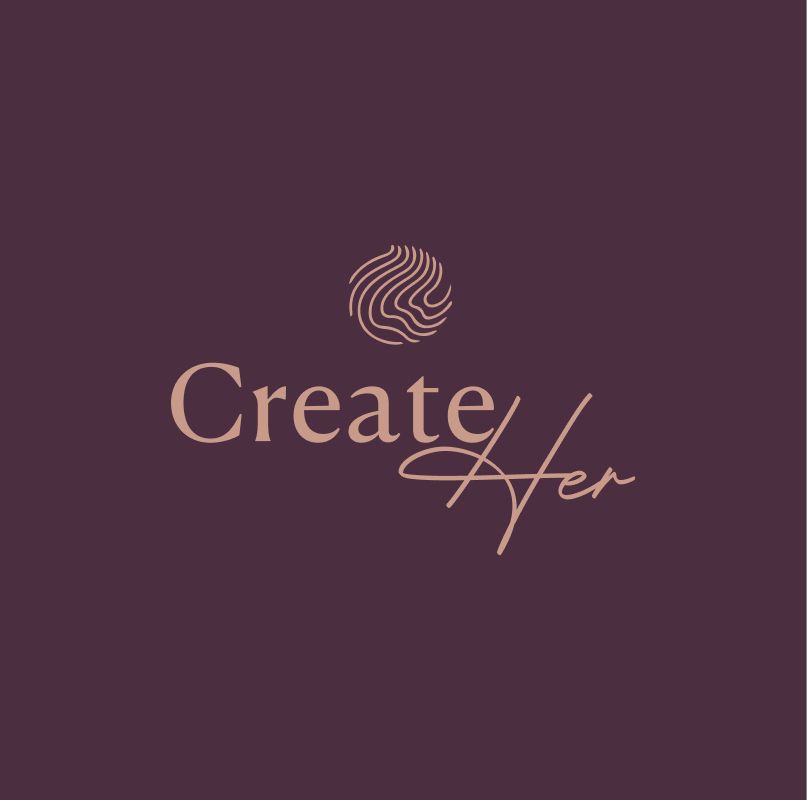Minimal logo design for CreateHER with rose gold lettering on a deep plum background, combining serif and script typography with a circular abstract icon above the name, created by Draftss