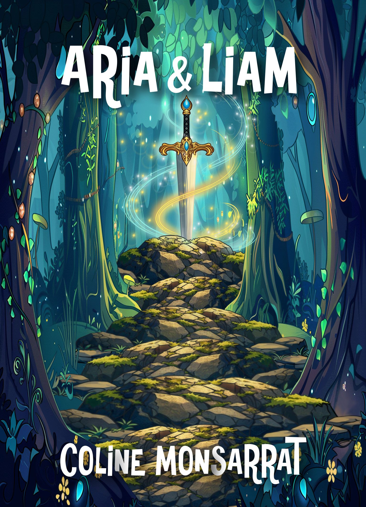 Book cover design for Aria & Liam by Coline Monsarrat showing a mystical forest path leading to a glowing sword in stone surrounded by swirling light, trees, and magical details, created by Draftss