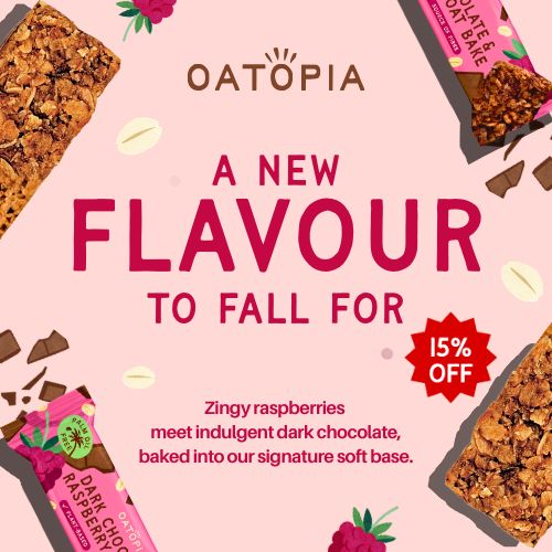 Promotional post for Oatopia featuring oat bars, raspberry illustrations, and bold text announcing a new flavour with zingy raspberries and dark chocolate plus a 15 percent off offer, designed by Draftss