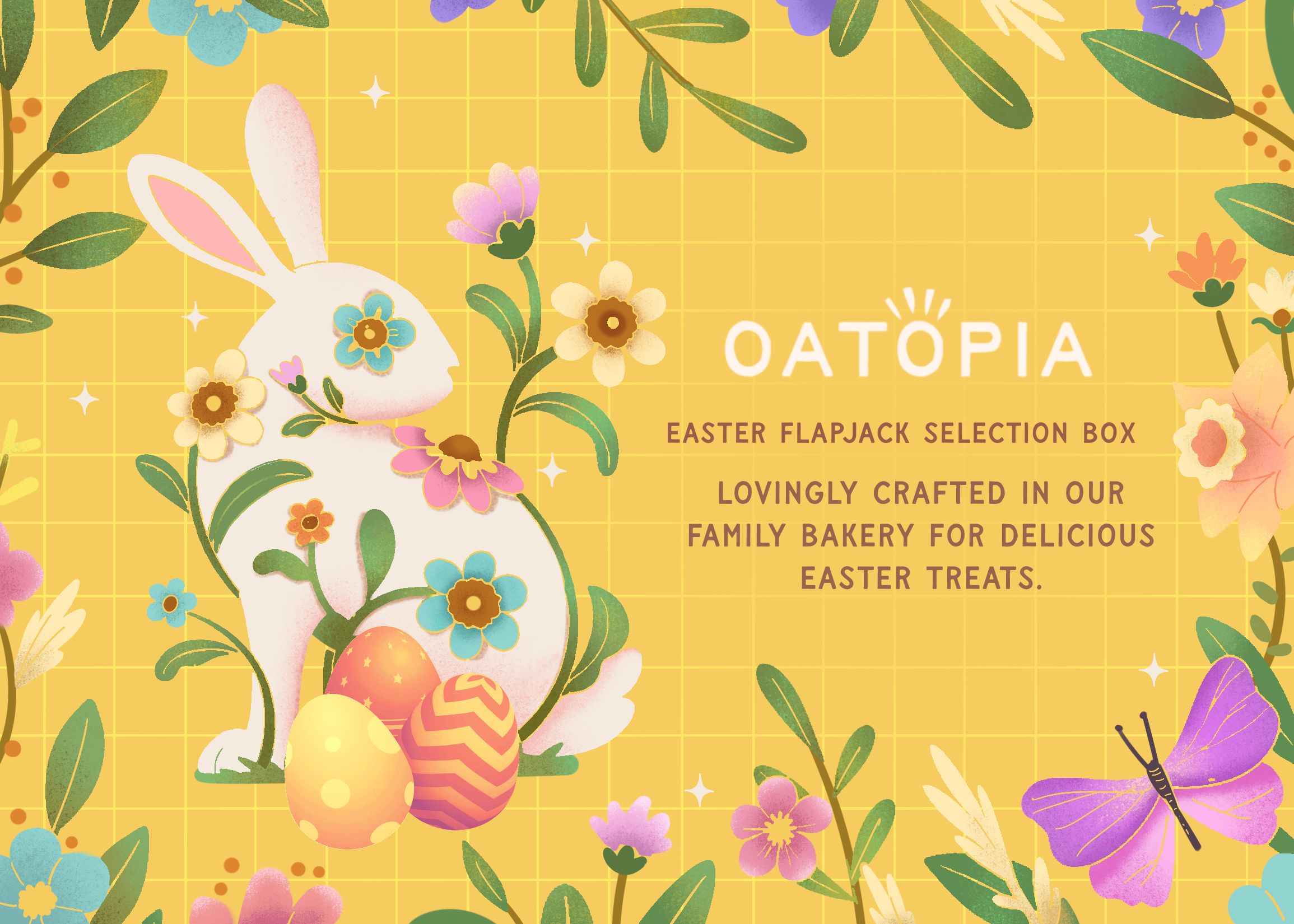 Bright yellow Easter packaging label for Oatopia with a floral bunny illustration, decorated eggs, butterflies, flowers, and text promoting an Easter flapjack selection box made in a family bakery.