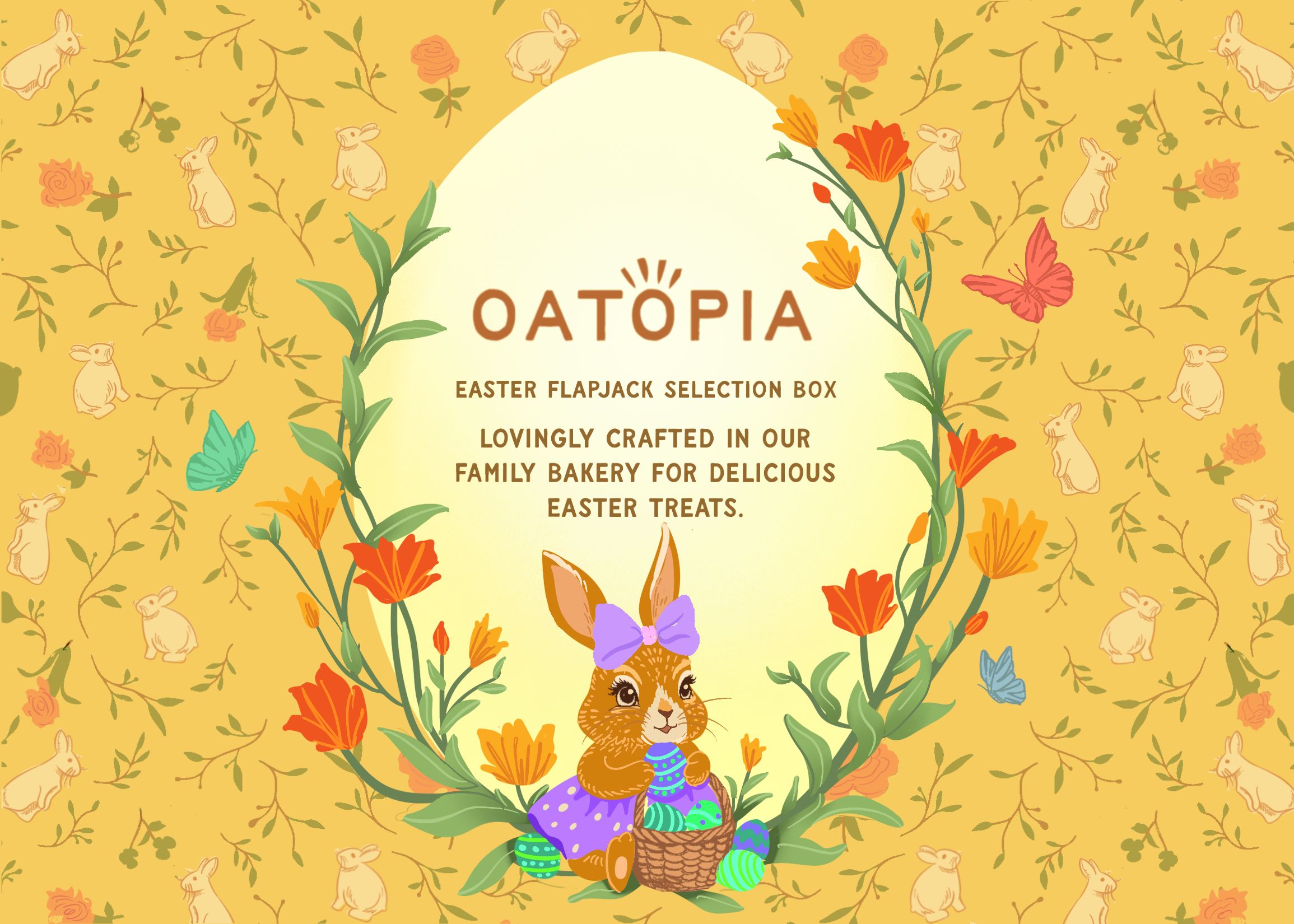 Yellow Easter packaging label for Oatopia with a large egg shaped center, orange flowers, butterflies, repeating bunny pattern background, and an illustrated rabbit holding decorated eggs in a basket.