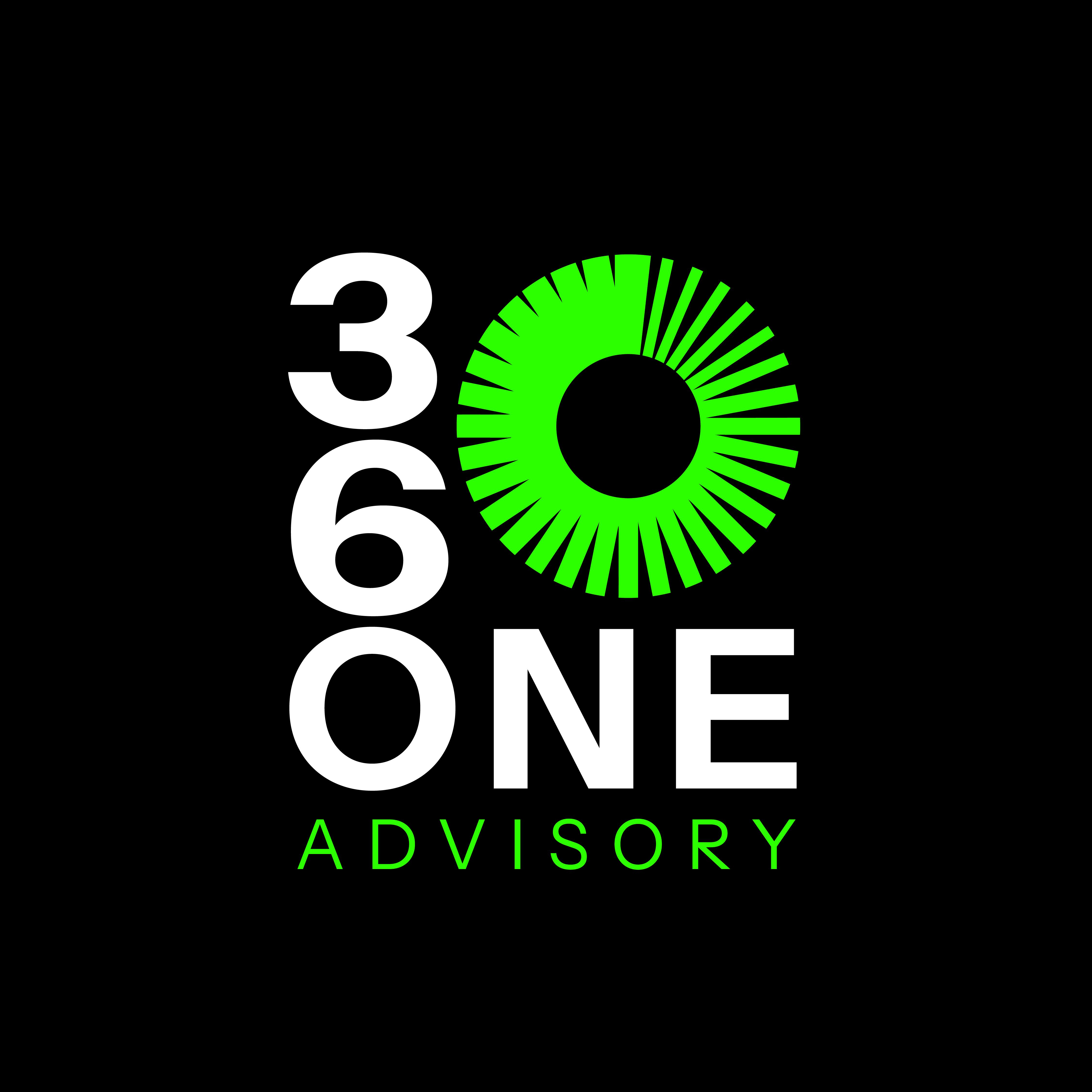 Black background logo for 360 One Advisory featuring stacked white text, a bright green radial circle icon replacing the zero, and green advisory text below, designed by Draftss