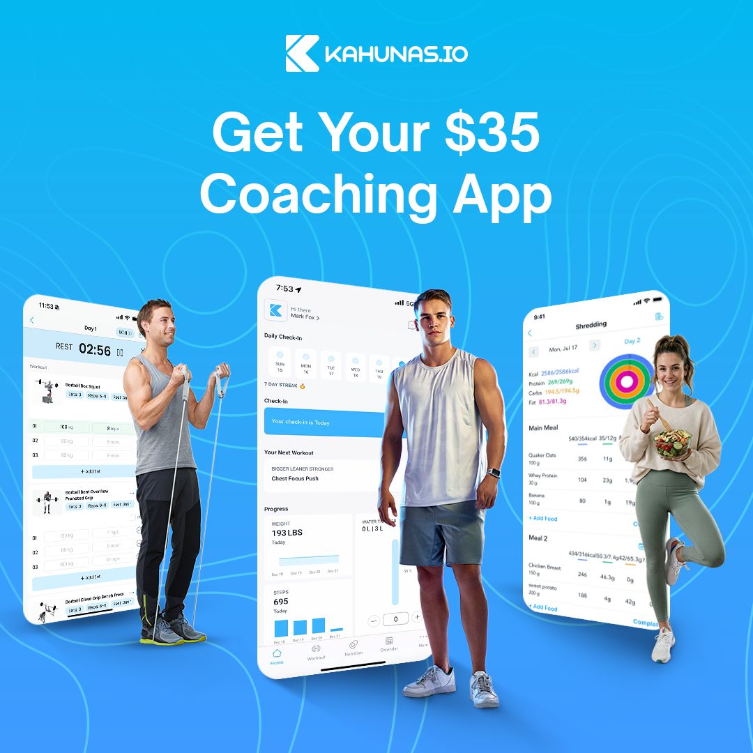 Social media graphic for Kahunas App promoting a coaching app with screens for workouts, progress check-ins, and meal tracking alongside fitness models, part of the Draftss portfolio for social media design