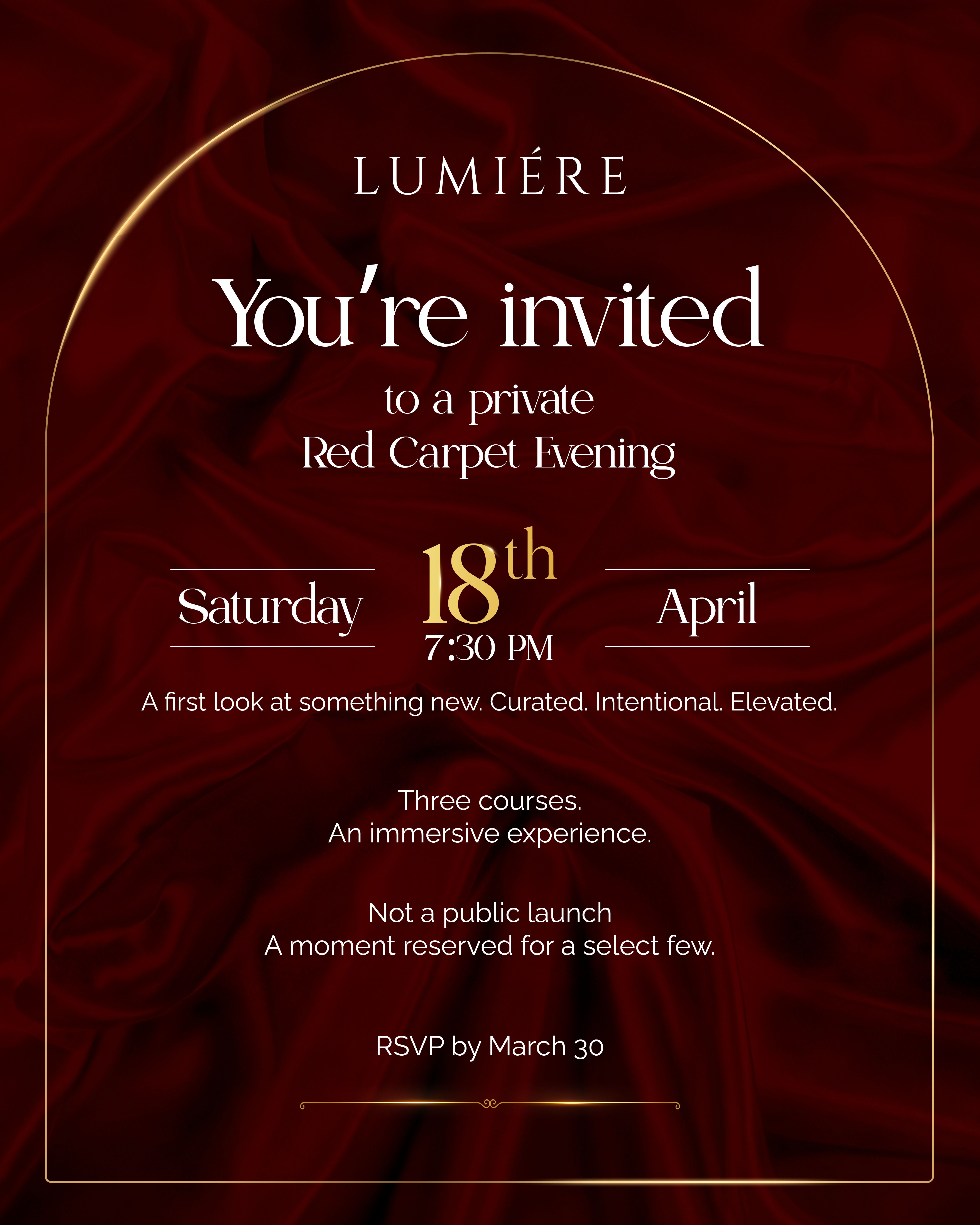 Invitation graphic for Lumiére featuring a deep red satin background, gold frame accents, and text inviting guests to a private red carpet, designed by Draftss